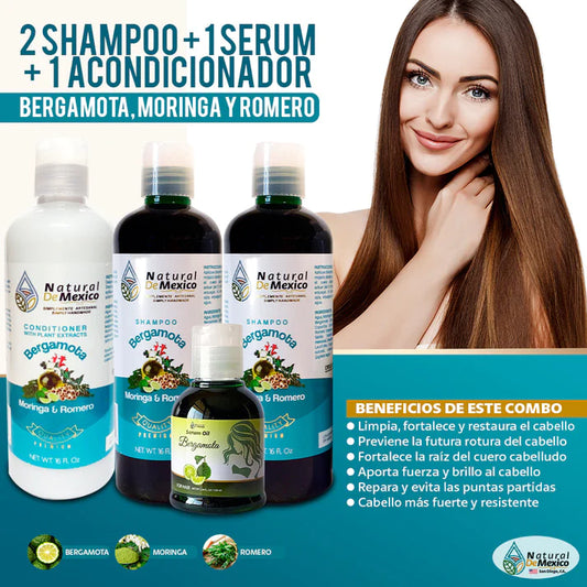 Bergamota moringa y Romero 2 Shampoo 1 Acondicionador y 1 Serum