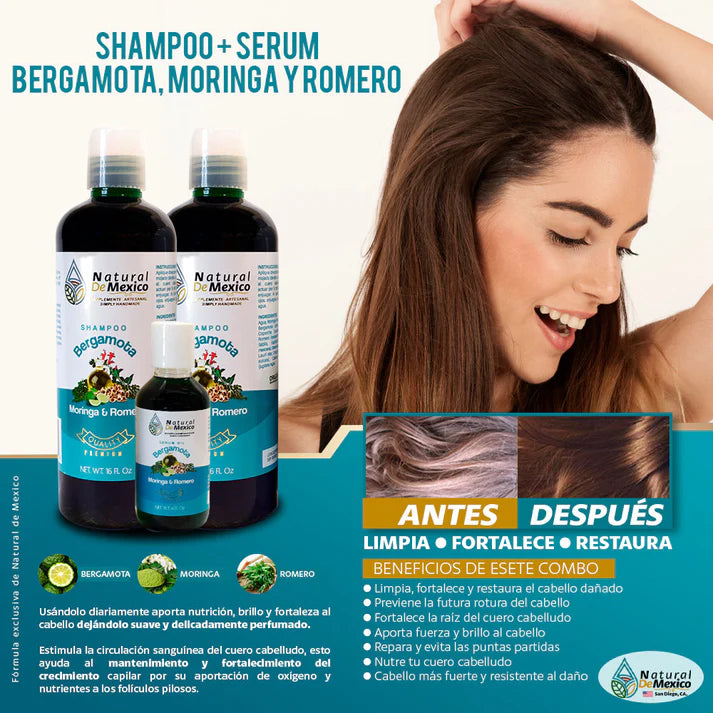 2 Shampoo de Bergamota Moringa y Romero + 1 Serum