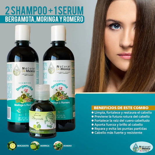 Shampoo de Bergamota Moringa y Romero Pack 2 + 1 Serum Oil