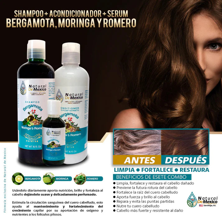 Combo Shampoo Acondicionador y Serúm Bergamota Moringa y Romero