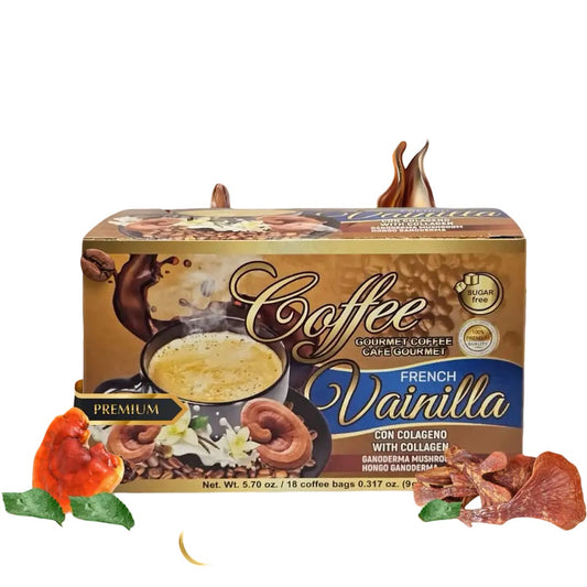 Cafe Coffee con Hongo Ganoderma Vainilla con Colageno 9 gr. 18 Sobres