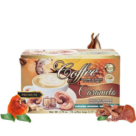 Cafe Coffee con Hongo Ganoderma Caramelo Maca Vitamina B3 9 gr. 18 Sobres